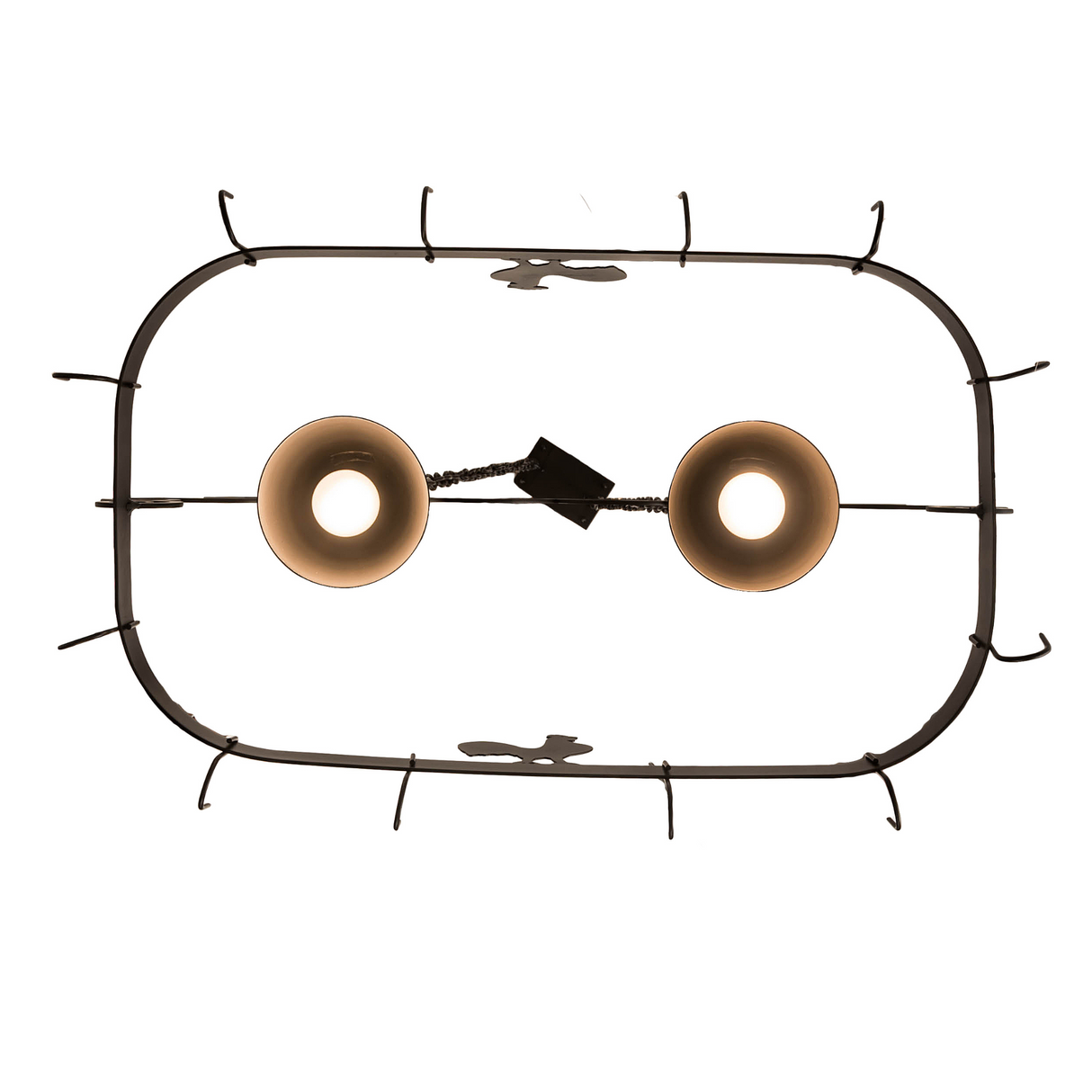 Bottom view of Poulet 2 Light Pot Rack showing hook layout.