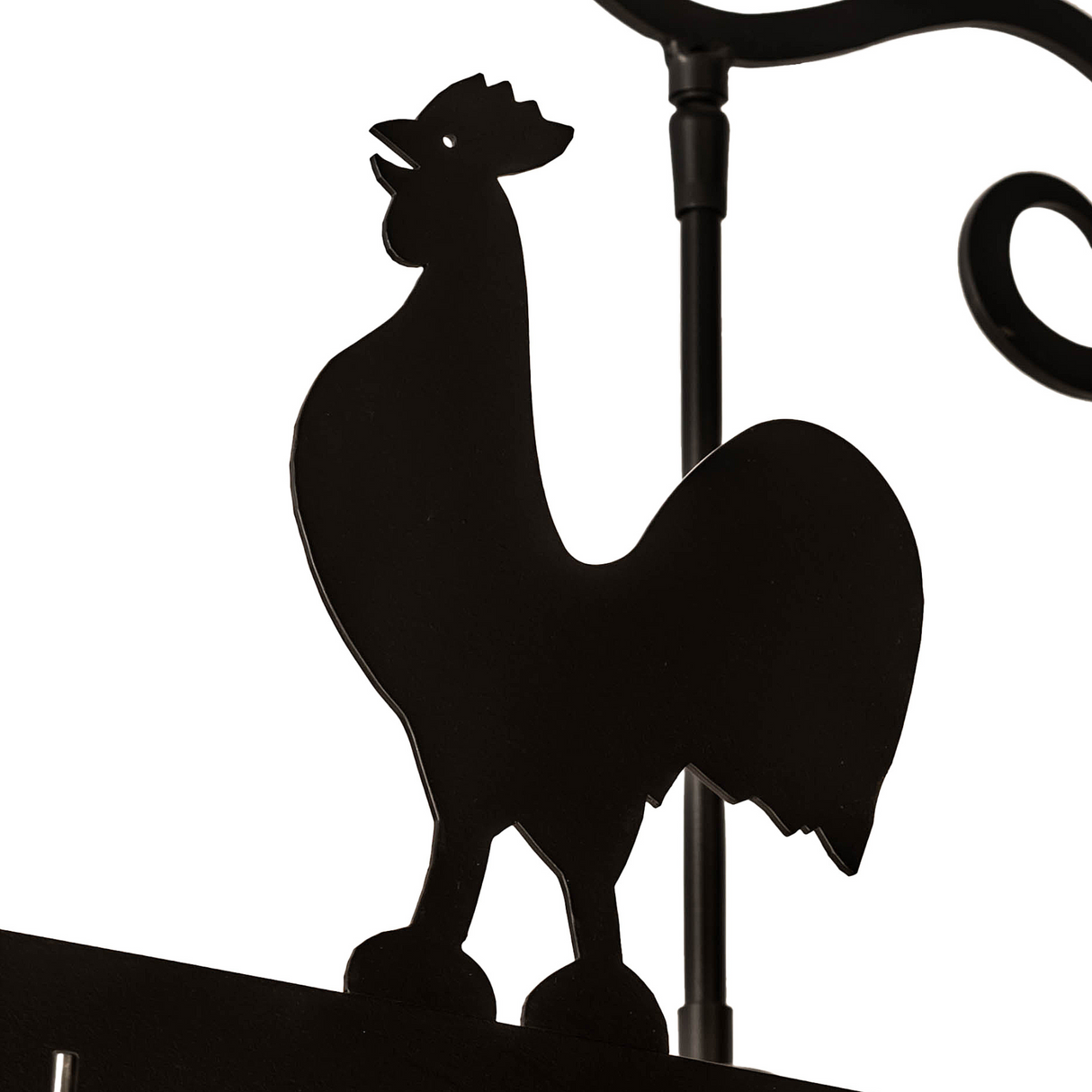 Close-up detail of rooster accent on Poulet 2 Light Pot Rack.