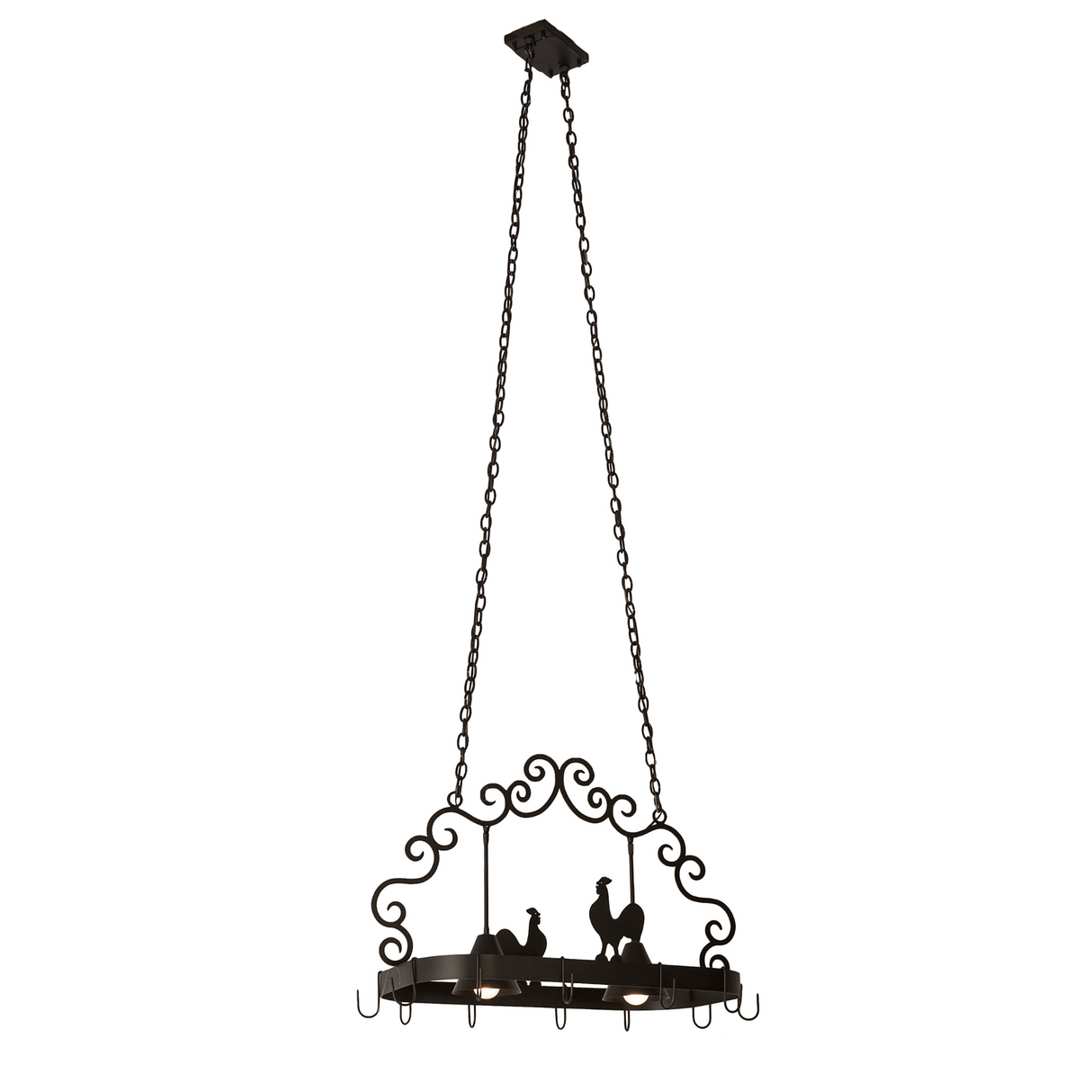 Full-length view of Poulet 2 Light Pot Rack suspended from ceiling.