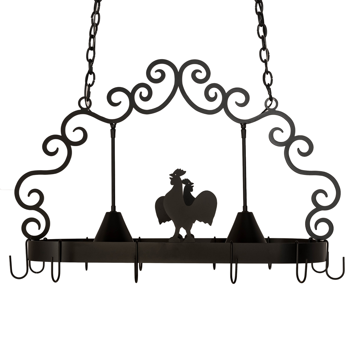 Side profile of Poulet 2 Light Pot Rack with rooster silhouette.
