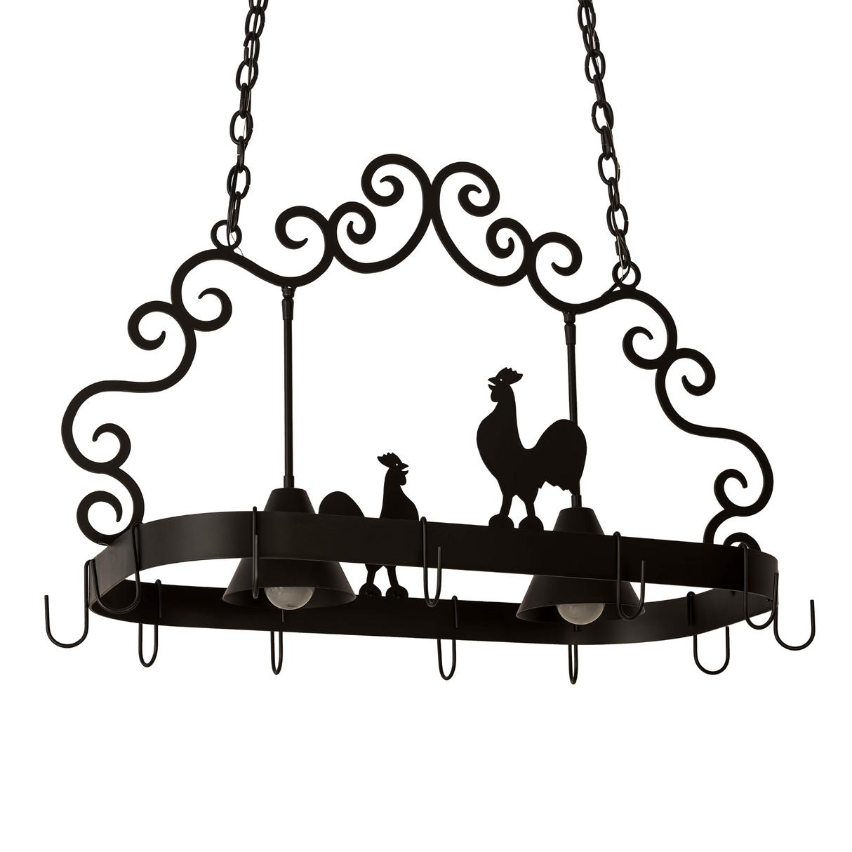 Unlit front view of Poulet 2 Light Pot Rack with scroll frame.