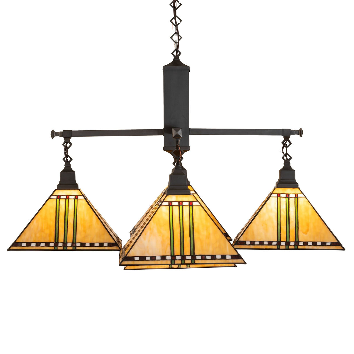 Side angle view of chandelier with geometric stained glass shades and linear metal arms.