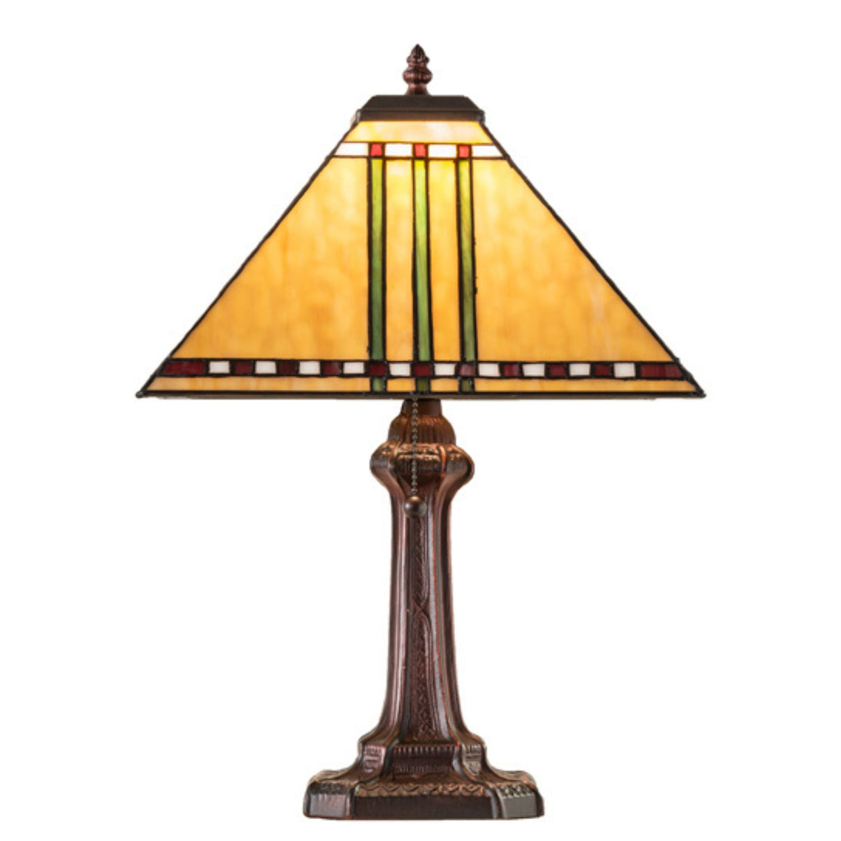 Front view of Prairie Corn table lamp with its striking stained-glass shade and elegant bronze base.