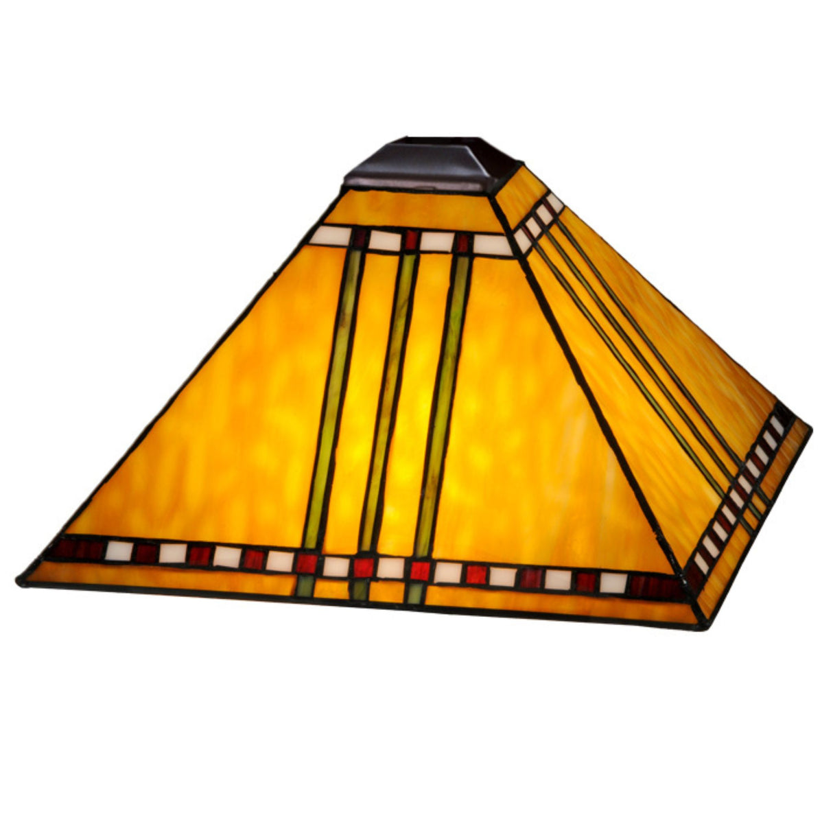 Stained glass shade featuring red, gold, and jade geometric corn-inspired patterns.