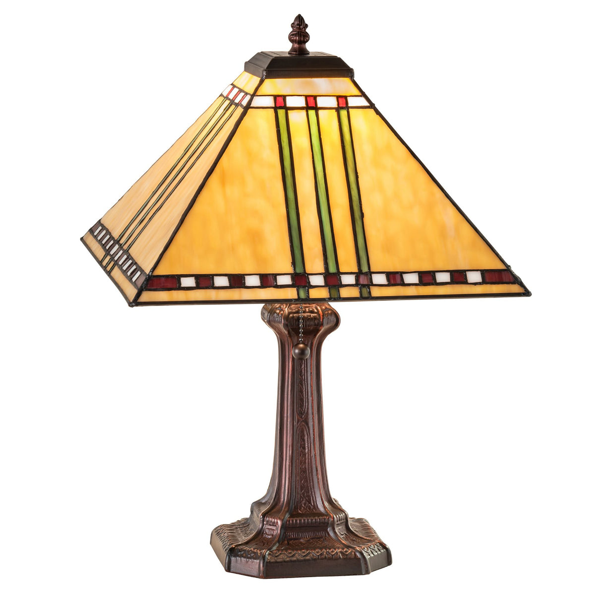 Prairie Corn table lamp with a stained-glass shade featuring geometric patterns and a bronze base.