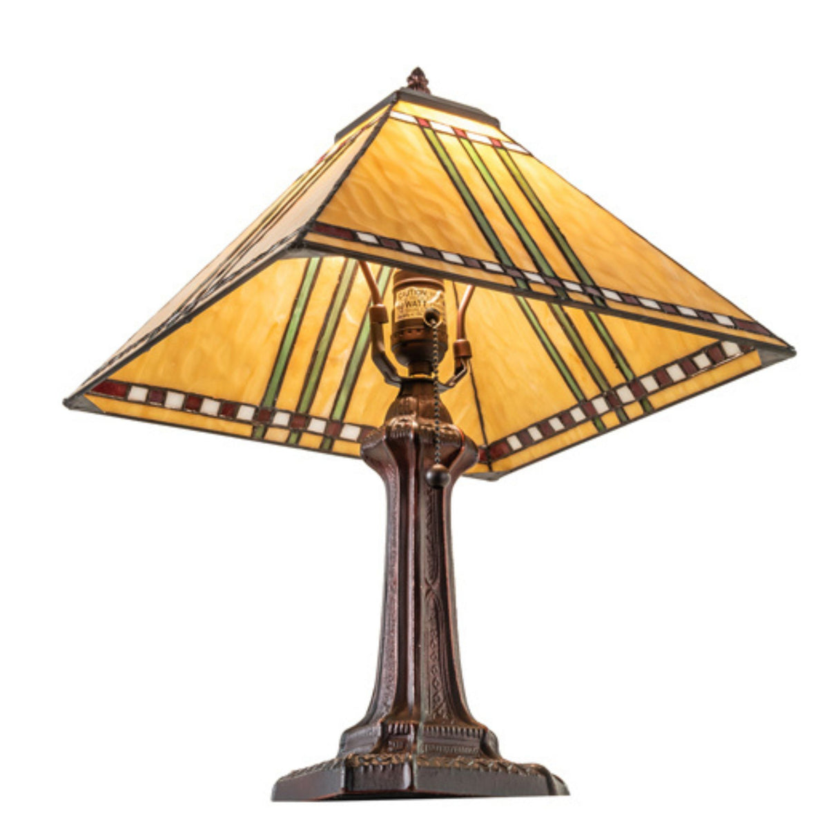 Side angle of Prairie Corn table lamp showcasing its geometric stained-glass shade and ornate bronze base.