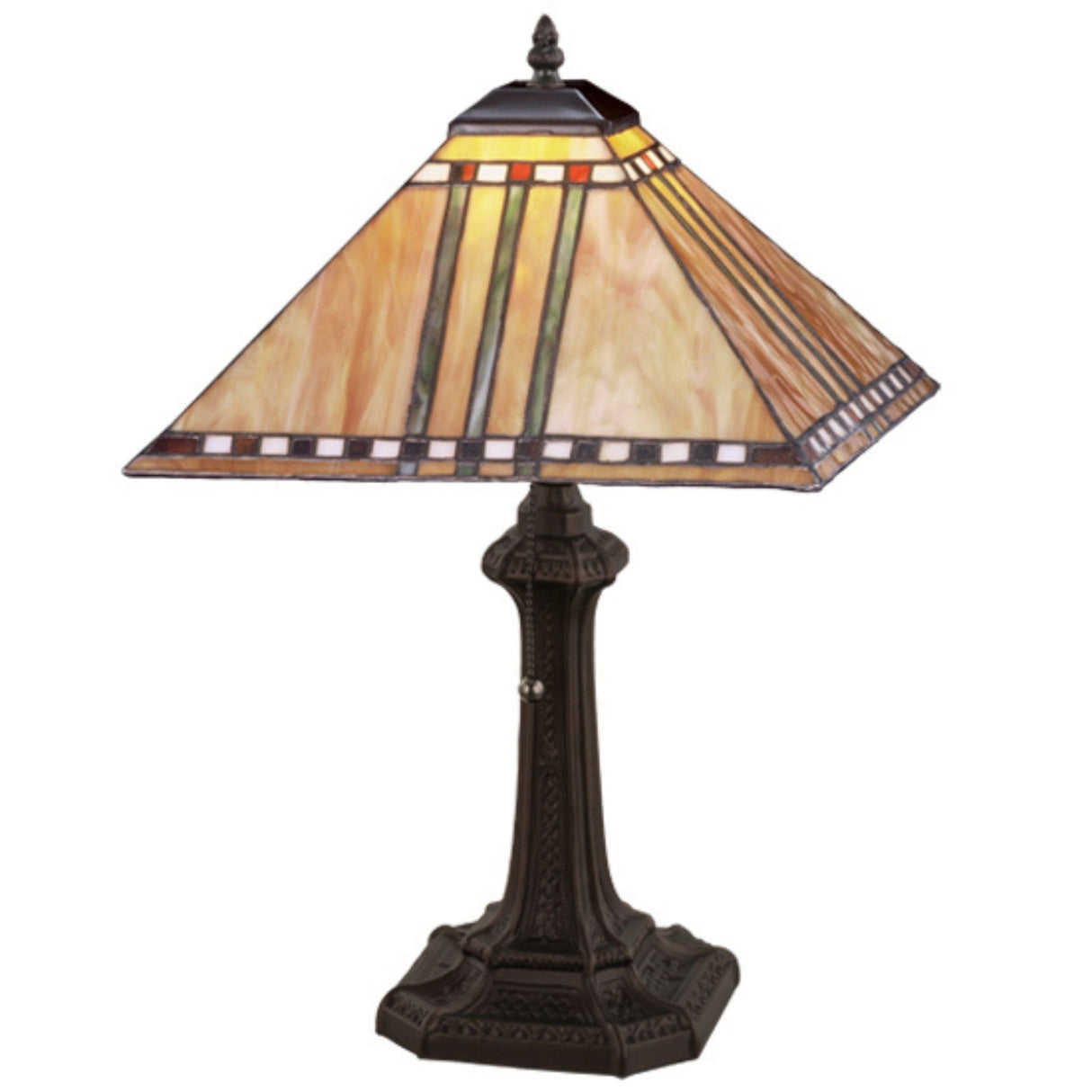 Side view of Prairie Corn table lamp showcasing intricate stained-glass details and bronze base.