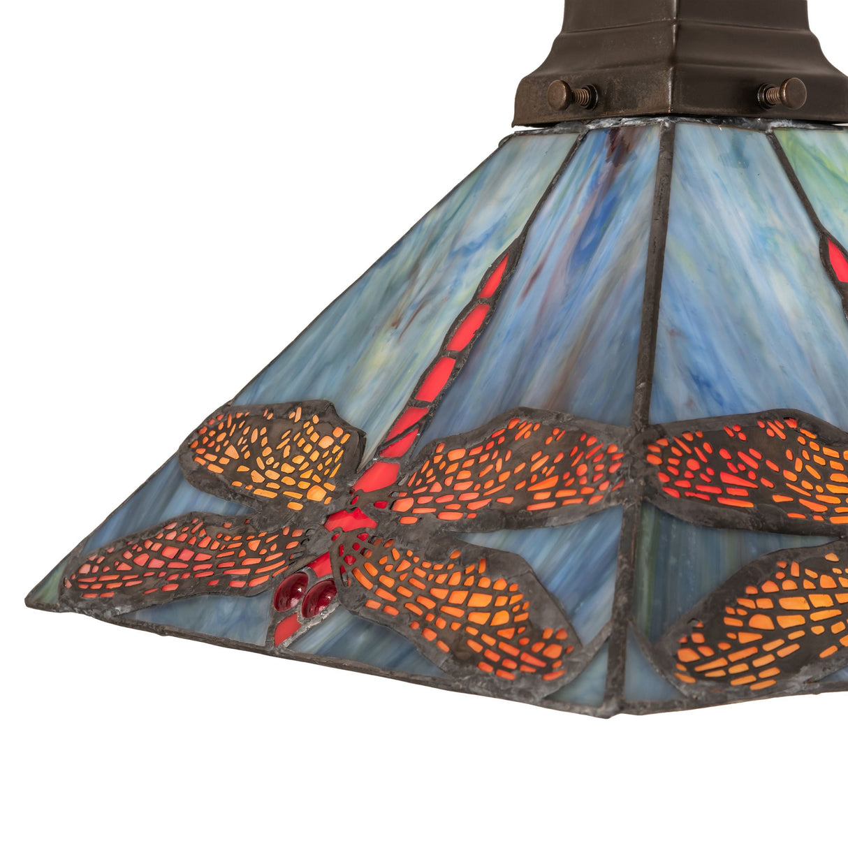 Focus on the stained glass design of the Prairie Dragonfly Mini Pendant.