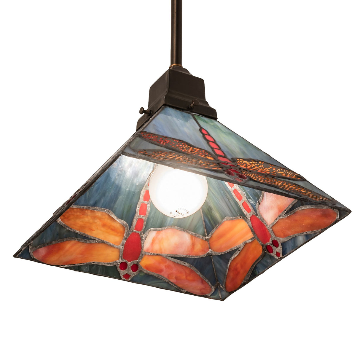 Lit prairie dragonfly pendant showing colorful stained glass.