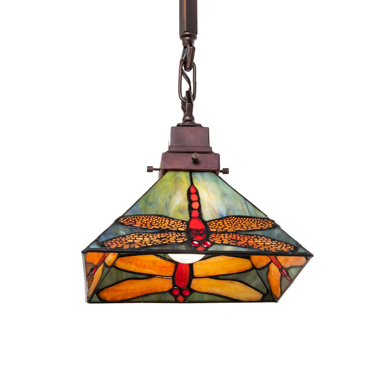 Angled view of the Prairie Dragonfly Pendant displaying vibrant dragonfly motifs.
