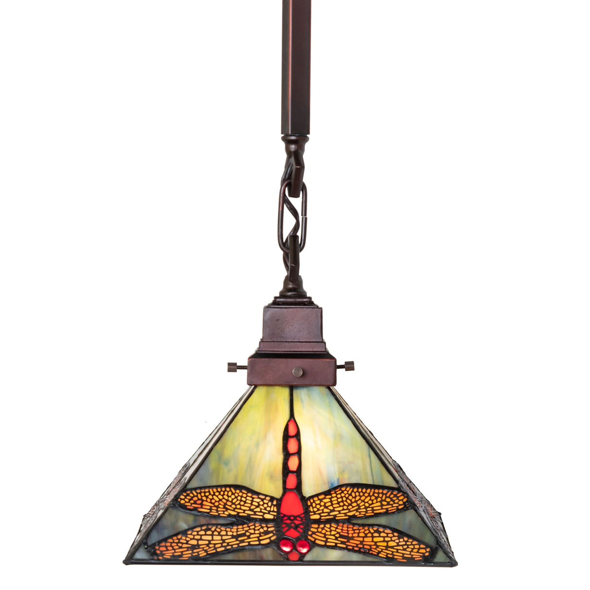 Front view of the Prairie Dragonfly Pendant emphasizing the stained glass art.