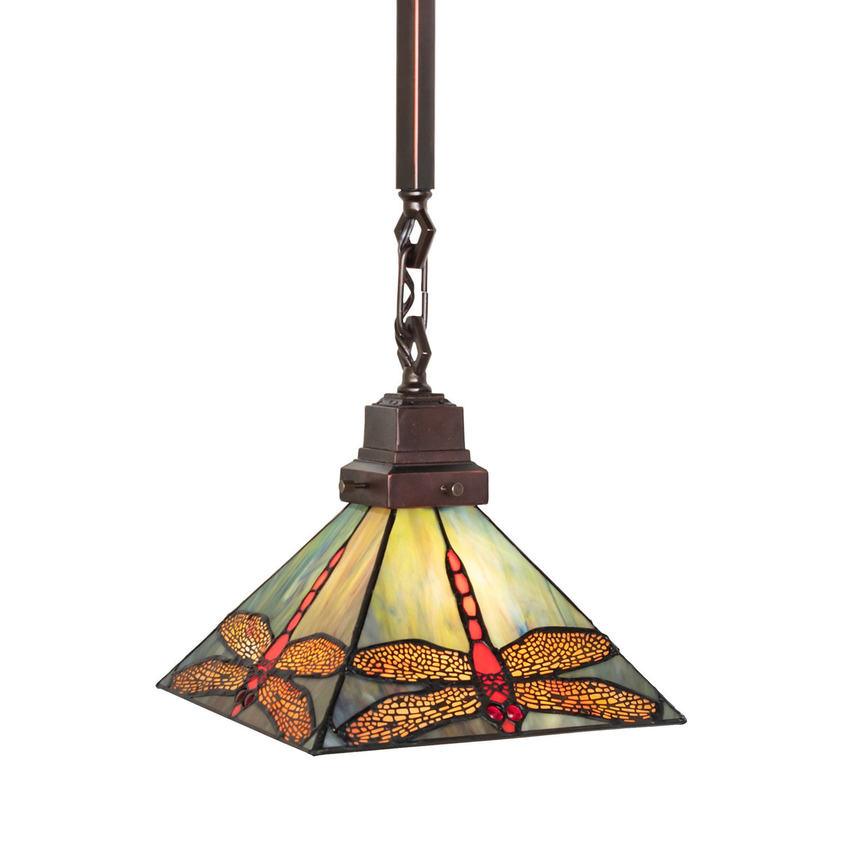 Illuminated Prairie Dragonfly Pendant highlighting vivid colors and intricate design.