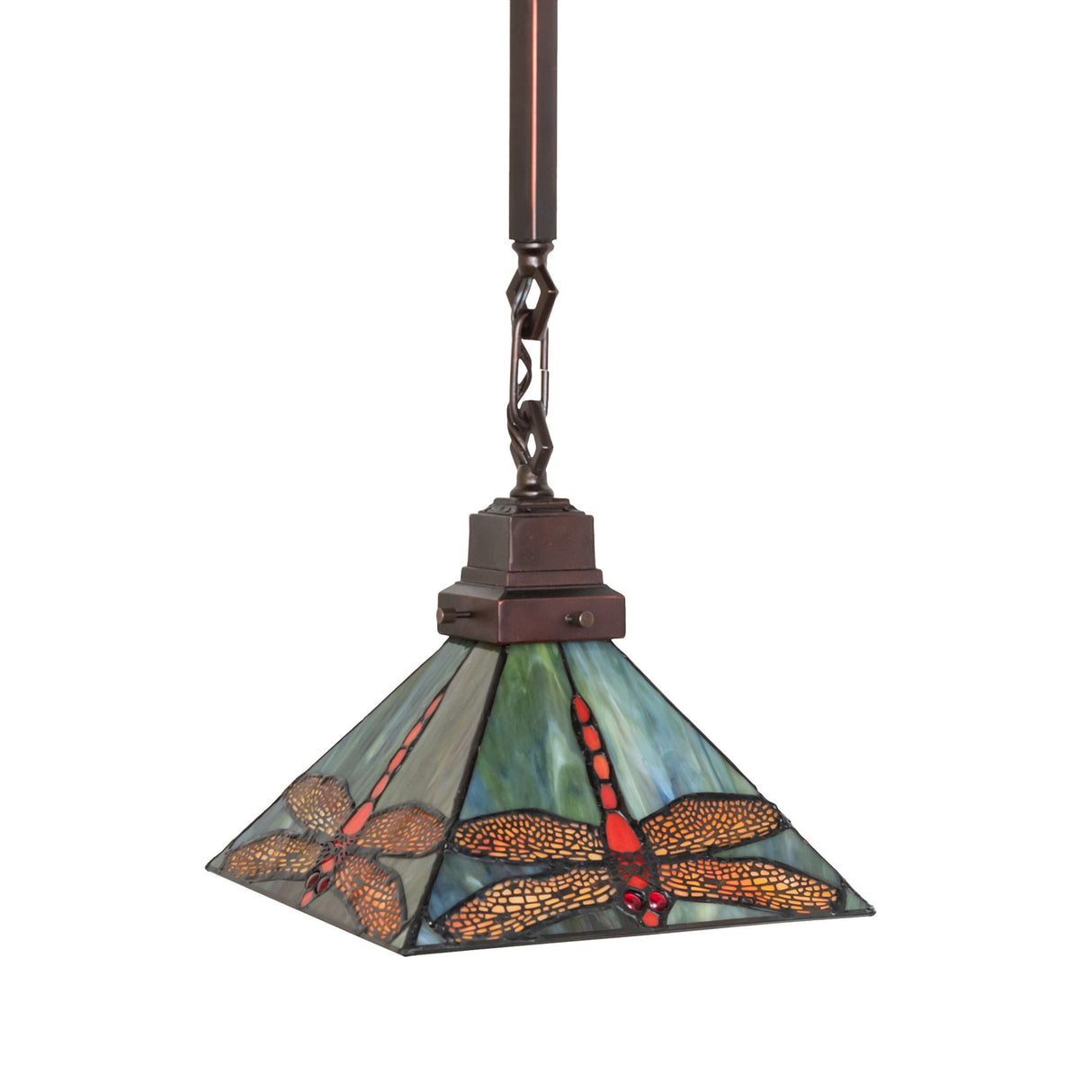 Unlit view of the Prairie Dragonfly Pendant showcasing stained glass dragonfly details.