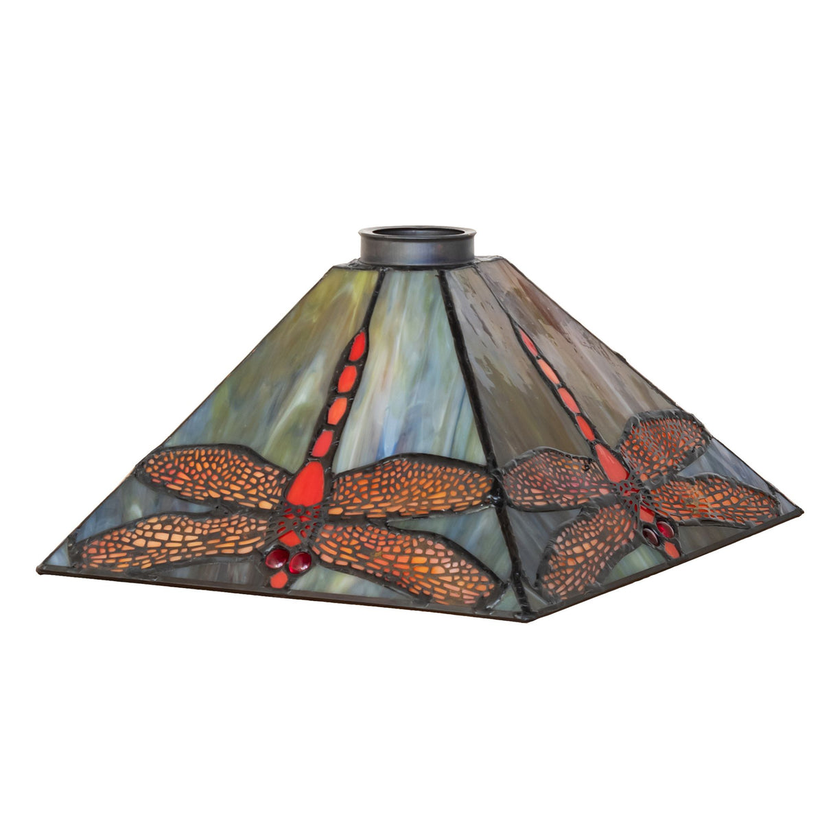 Angled view of the Prairie Dragonfly square glass shade showcasing handcrafted dragonfly patterns.