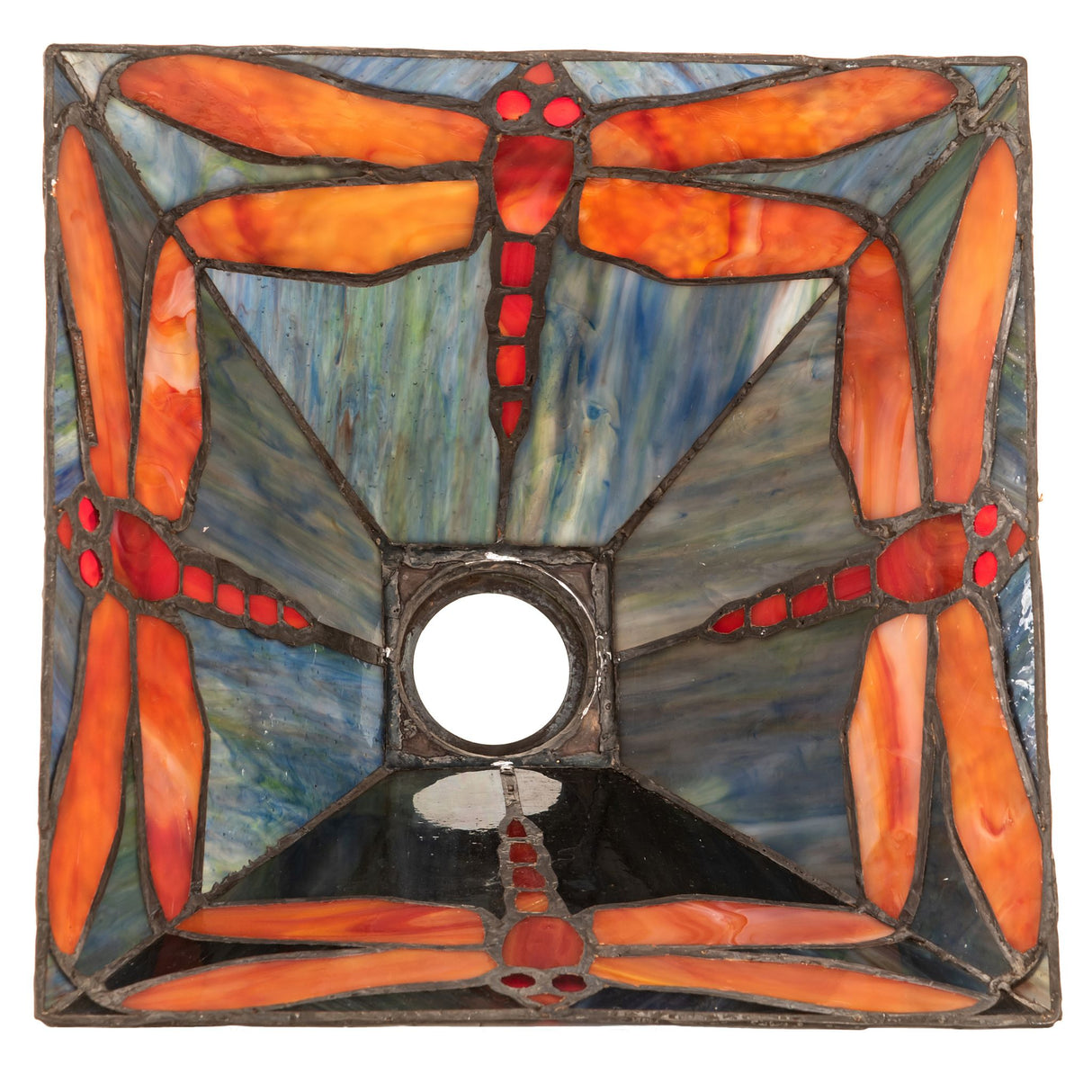 Bottom view of the Prairie Dragonfly square glass shade with intricate stained glass dragonfly motif.