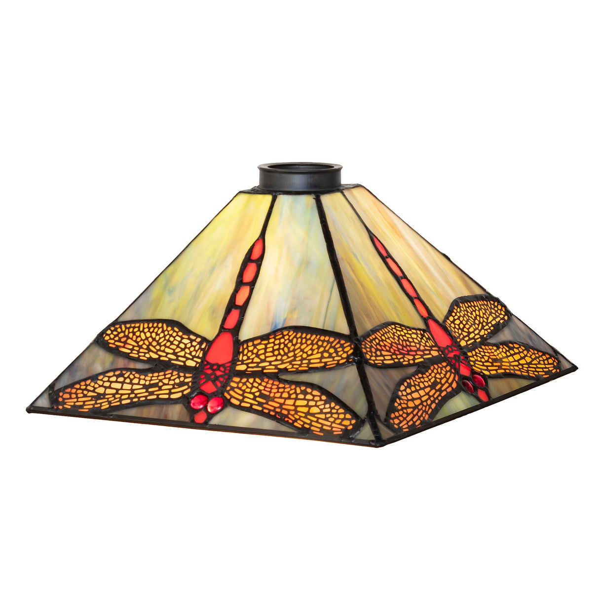 Illuminated Prairie Dragonfly square shade highlighting vibrant red and orange dragonfly designs.