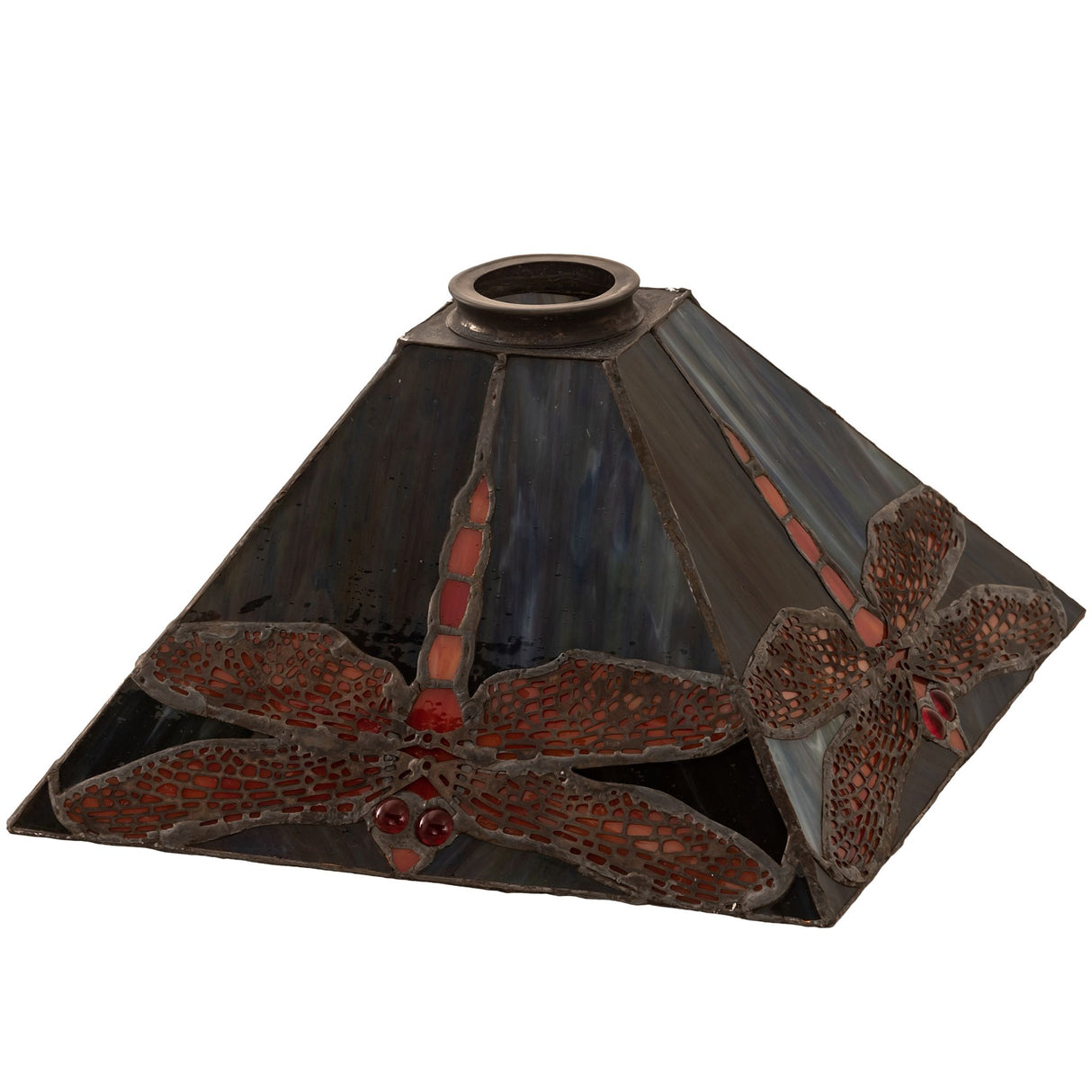 Side view of the Prairie Dragonfly square shade with vibrant dragonfly artwork.