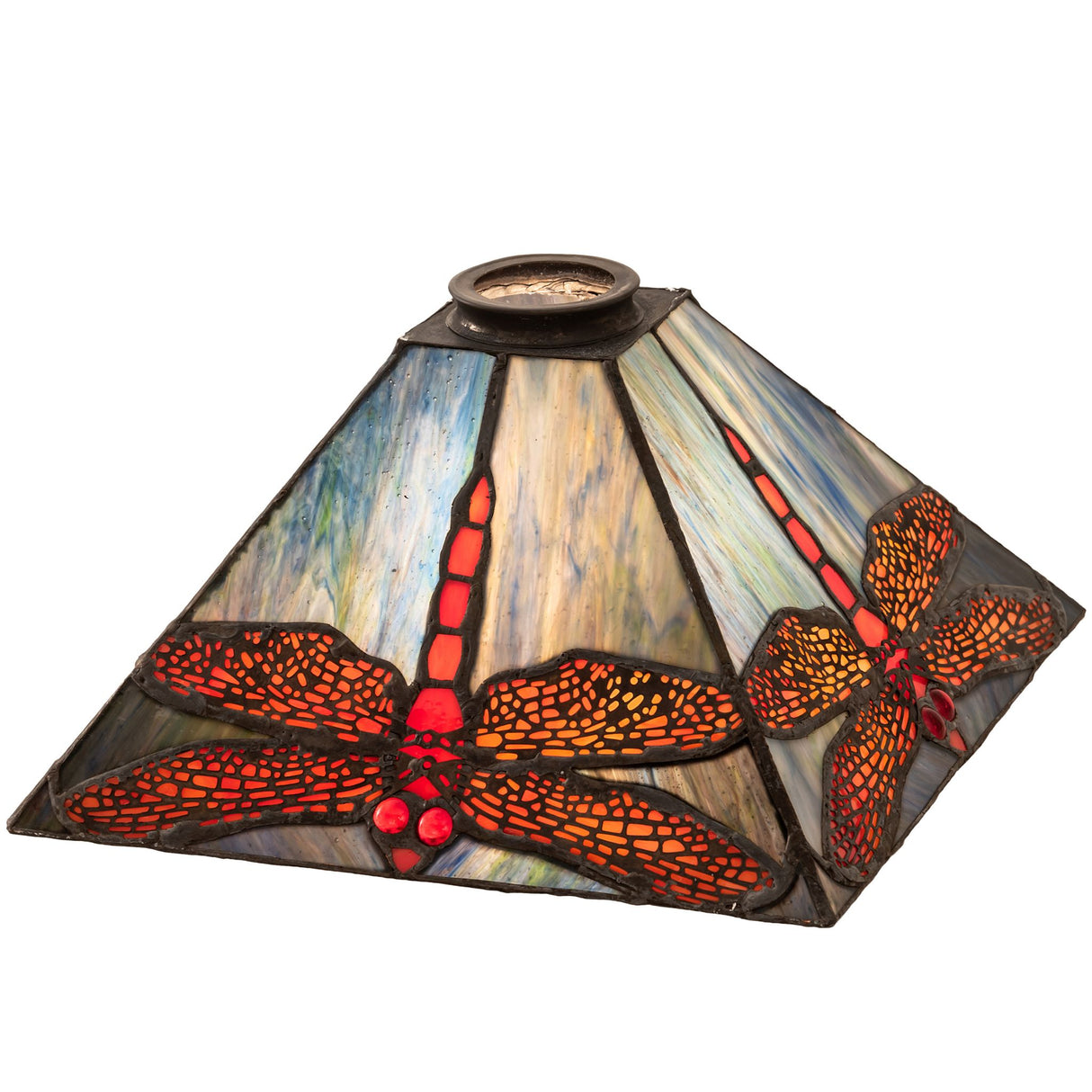 Top view of the Prairie Dragonfly square stained glass shade with intricate red dragonfly design.