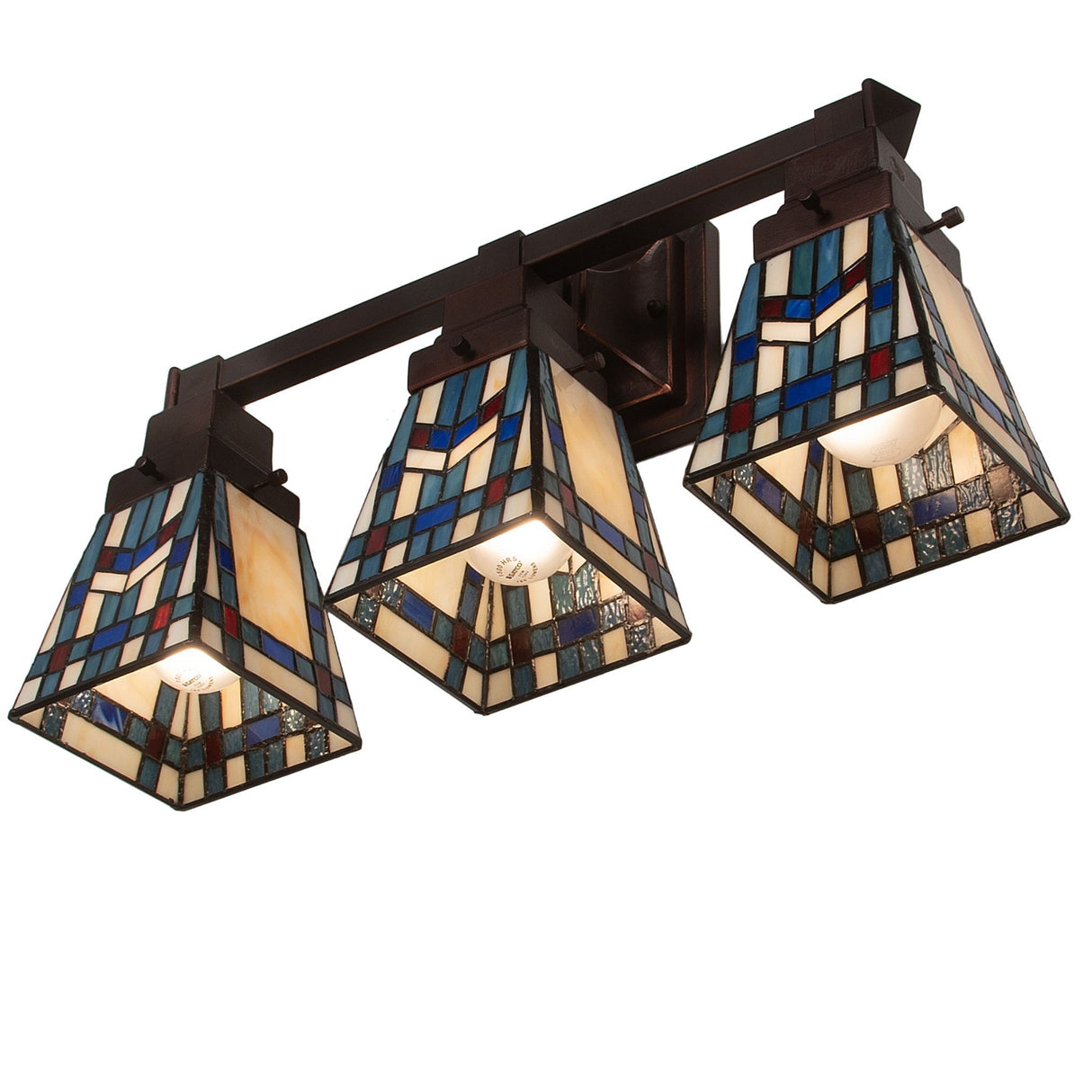 Lit Prairie Wheat 3 Light Vanity showcasing vibrant glass.