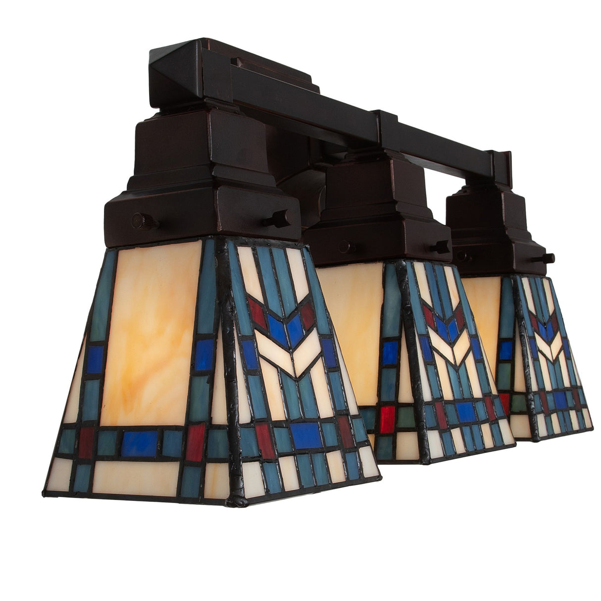 20" Wide Prairie Wheat 3 Light Vanity, featuring stained glass shades with geometric wheat designs.