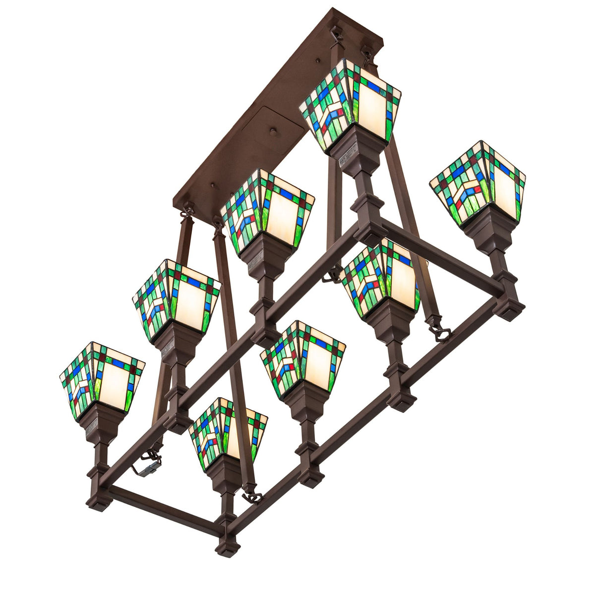 Bottom angle view of chandelier revealing frame design and inverted stained glass shades.
