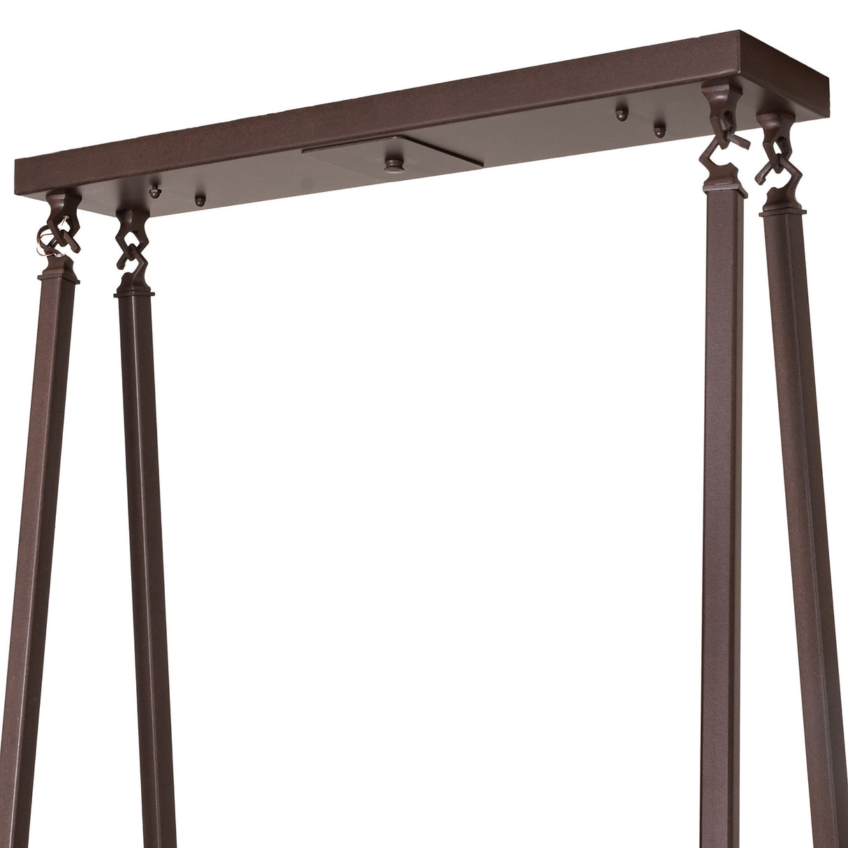 Close-up of Prairie Wheat oblong chandelier ceiling canopy and hanging supports.