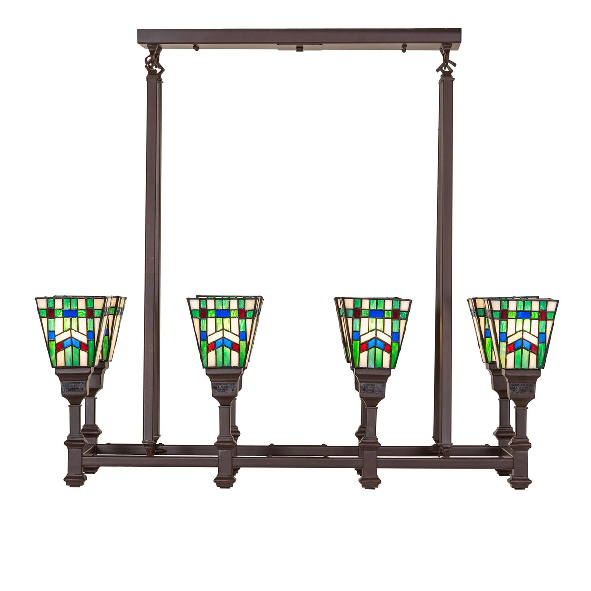 Front view of 8-light oblong chandelier with Prairie school-stained glass design.