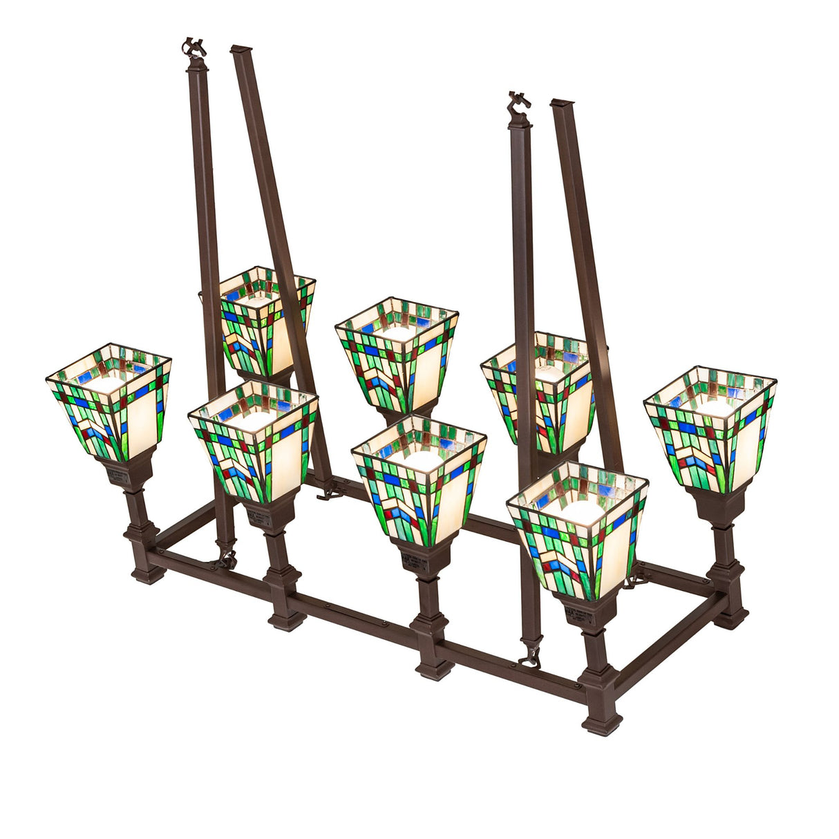 Top angle view of chandelier showing rectangular frame and suspension bars.