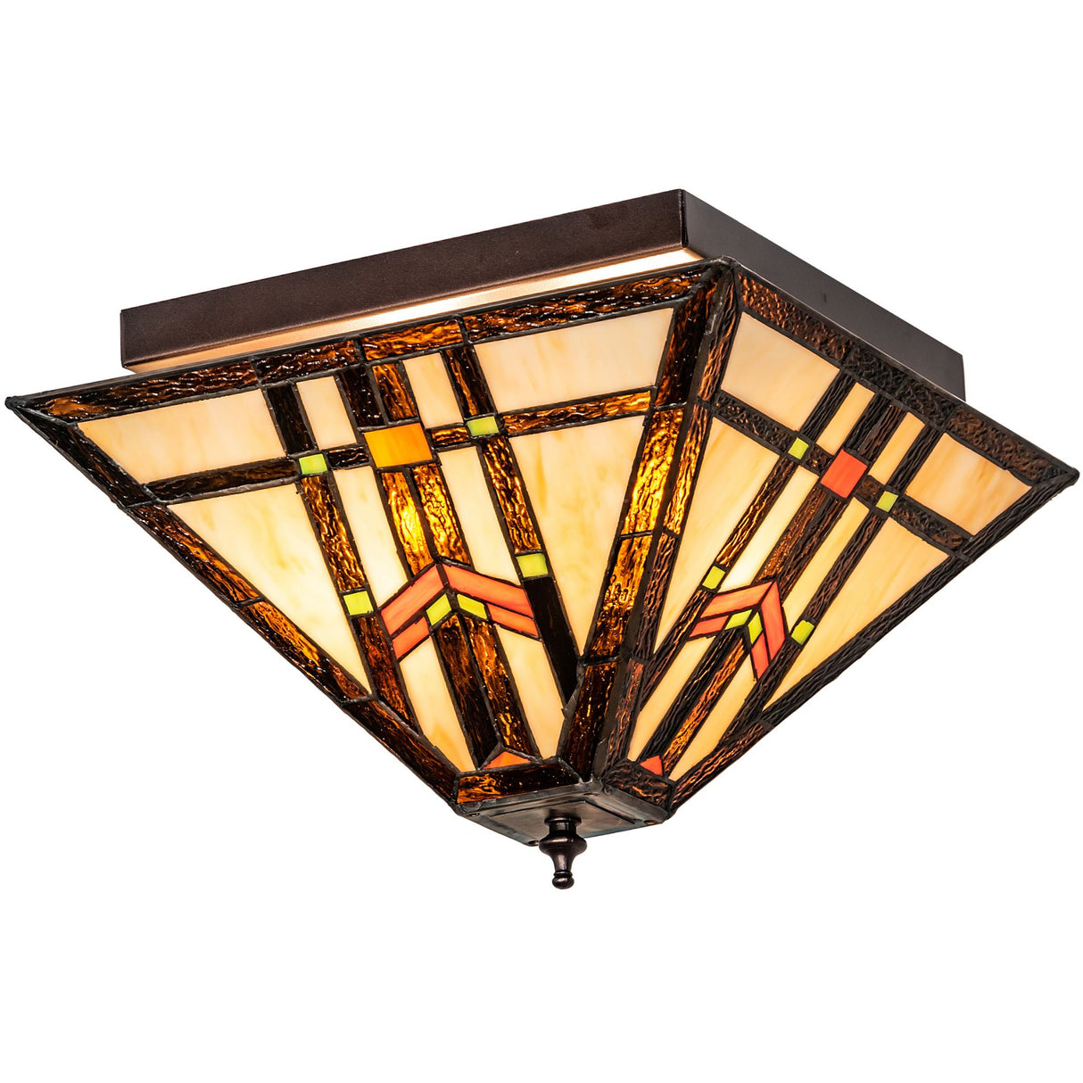 Angled view of the Prairie Wheat Flushmount with geometric stained glass design.