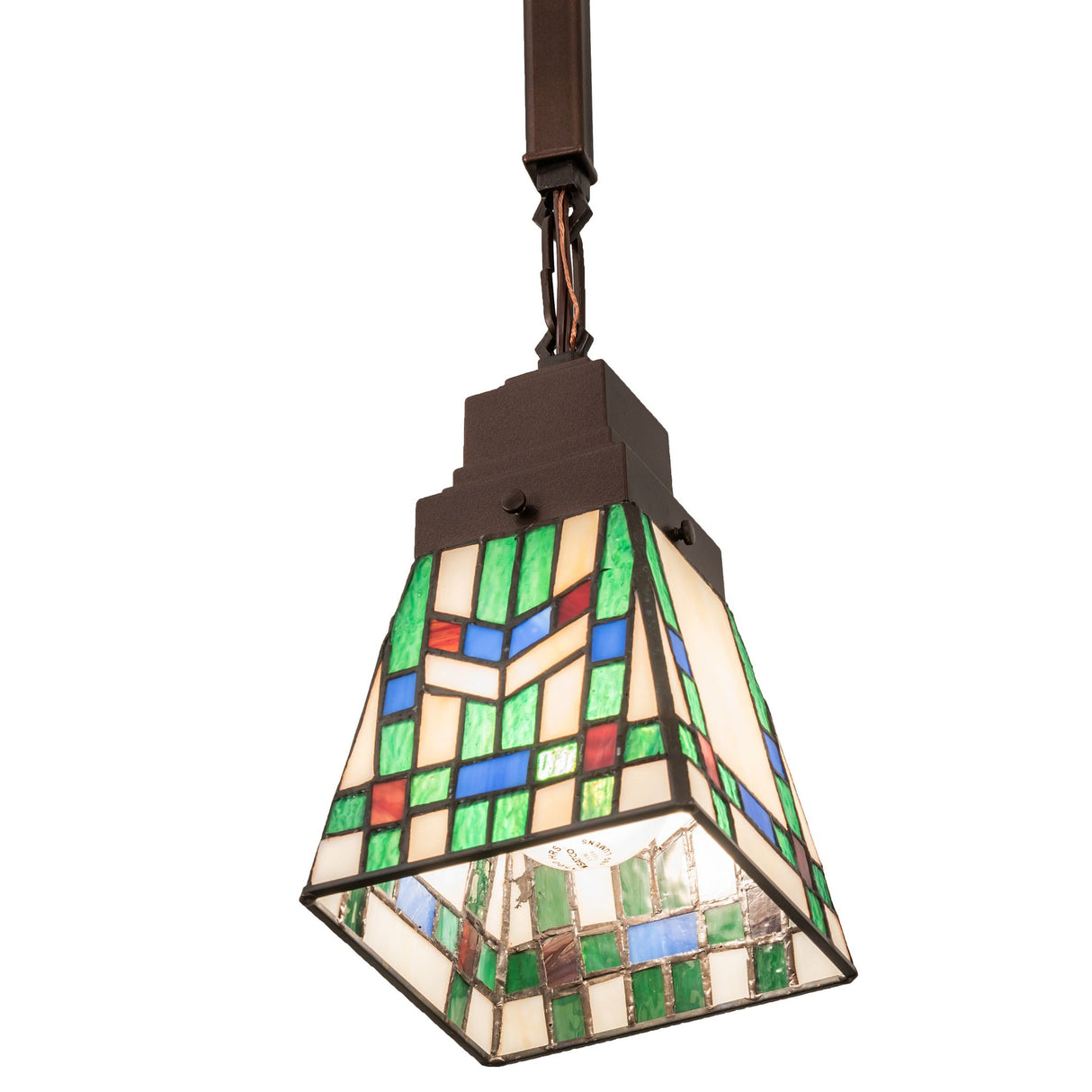 Bottom angle view of Prairie Wheat mini pendant with stained glass.