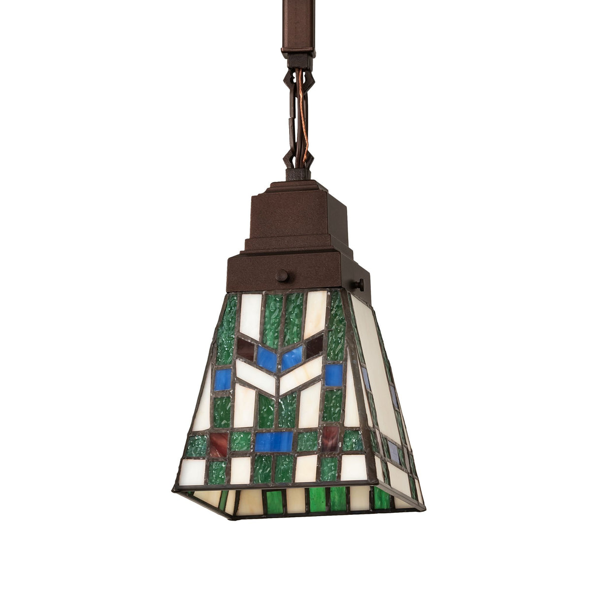 Unlit view of Prairie Wheat mini pendant with multicolor stained glass shade.