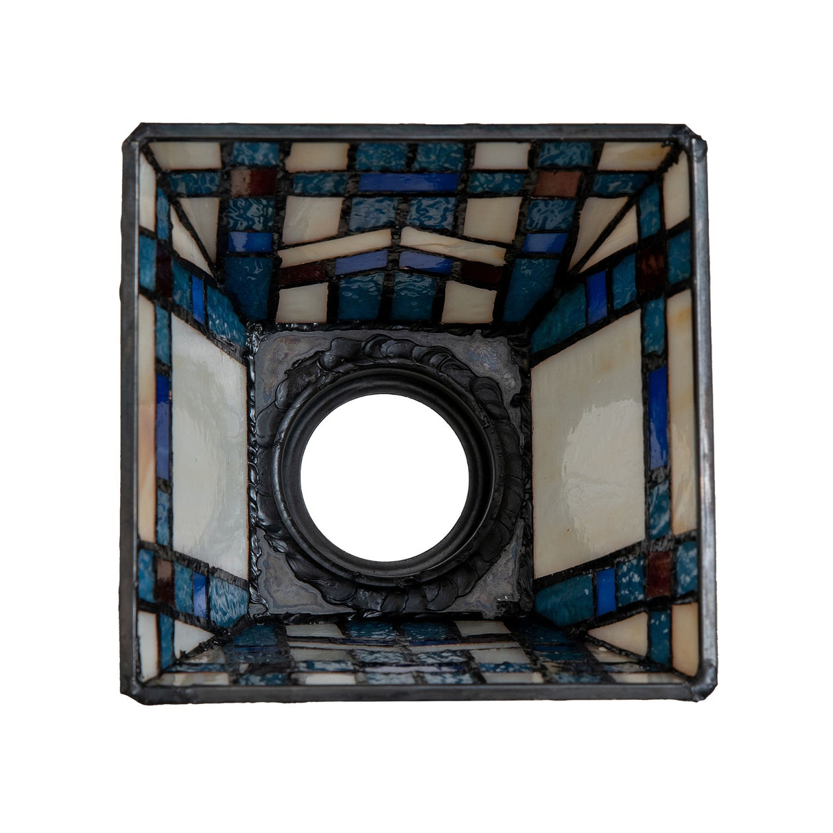 Bottom view of the shade, displaying intricate glass craftsmanship and metal fittings.