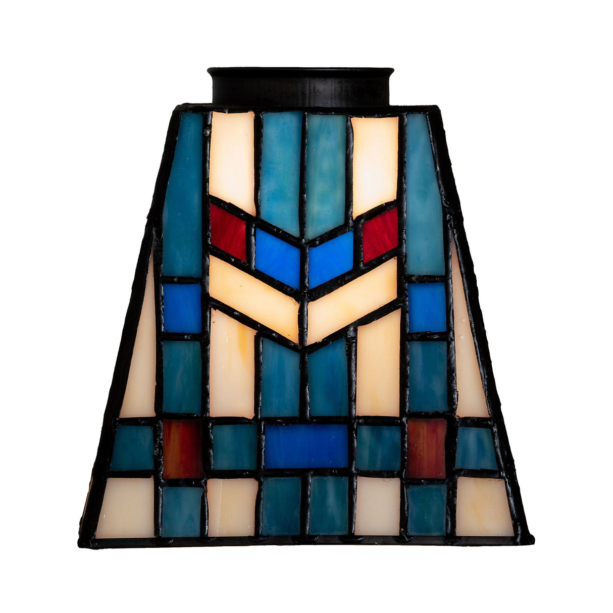 Front view of stained glass shade featuring geometric blue, red, and cream accents.