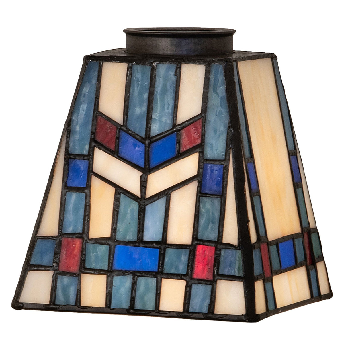 Illuminated side view of the stained glass shade, showcasing vibrant colors.