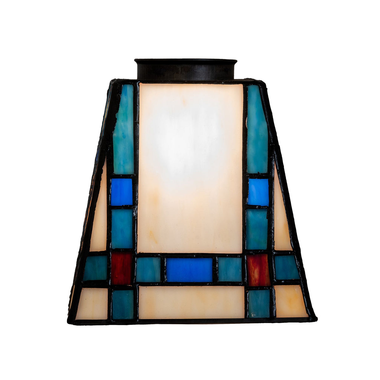 Plain side of the stained glass shade with a cream and blue bordered design.