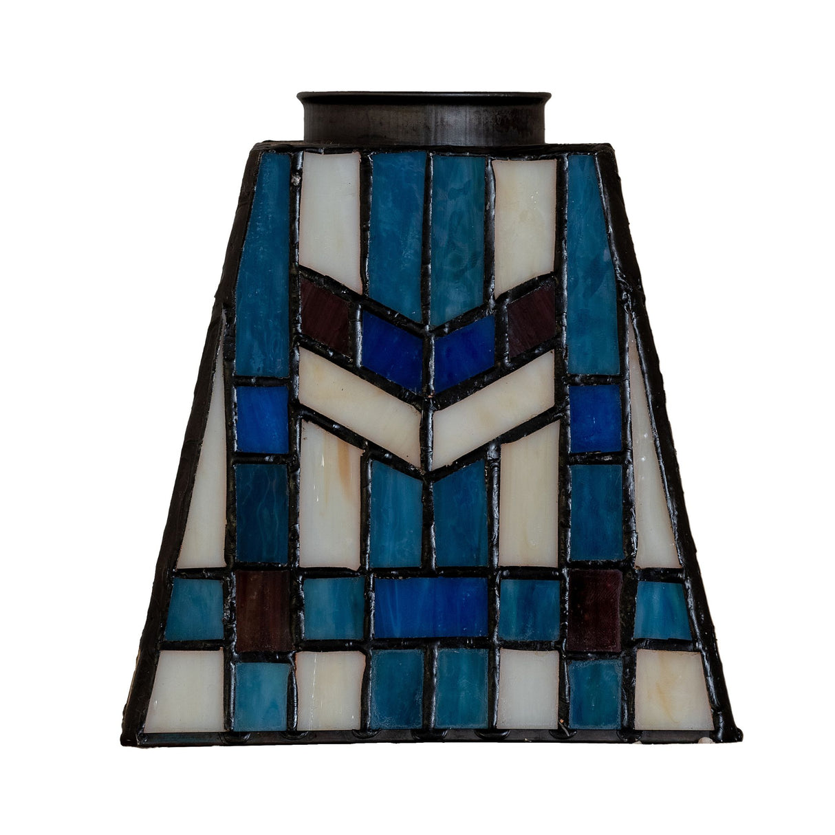 Unlit view of the stained glass shade, highlighting dark blue and burgundy tones.