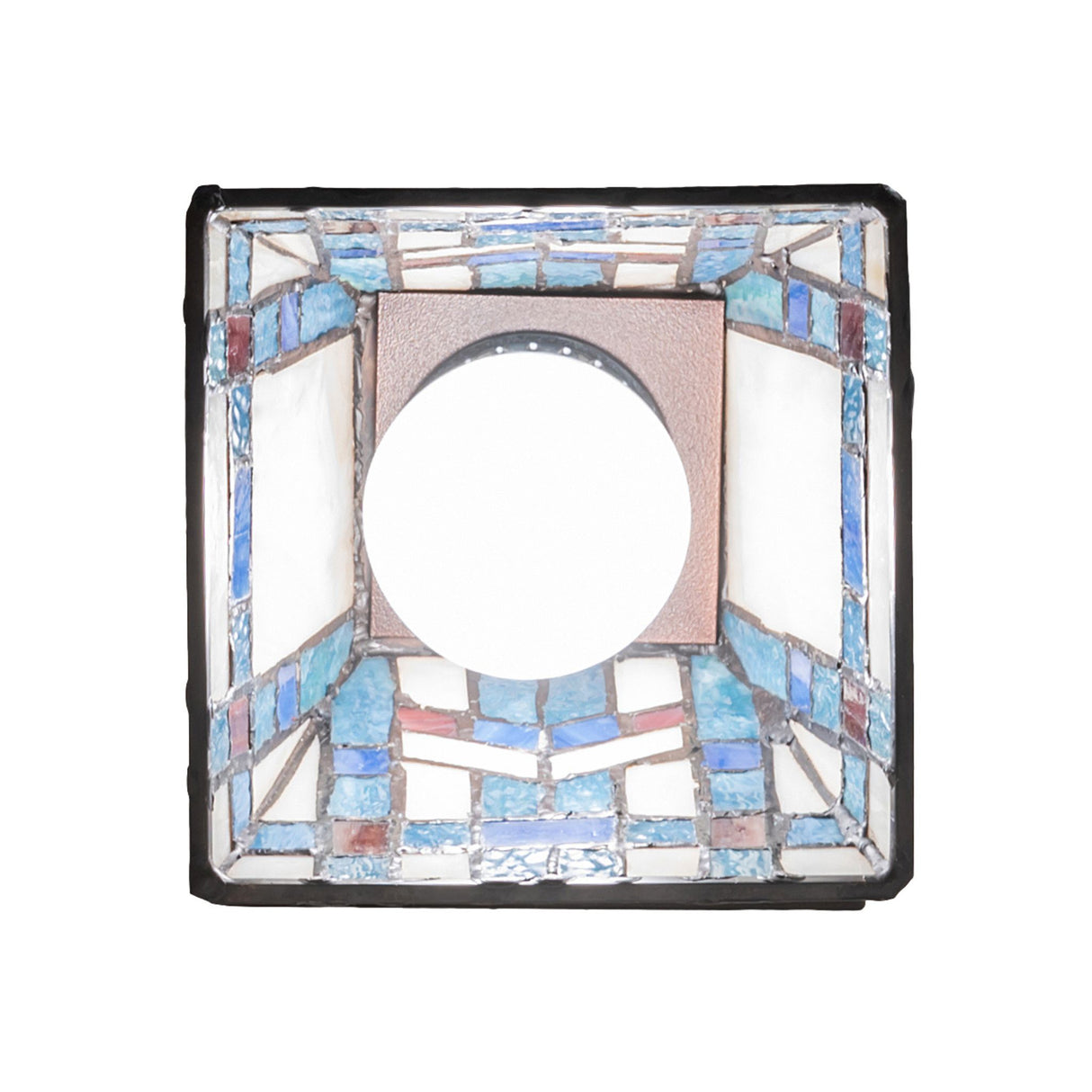 Bottom angle of the Prairie Wheat wall sconce showing its intricate stained glass pattern.