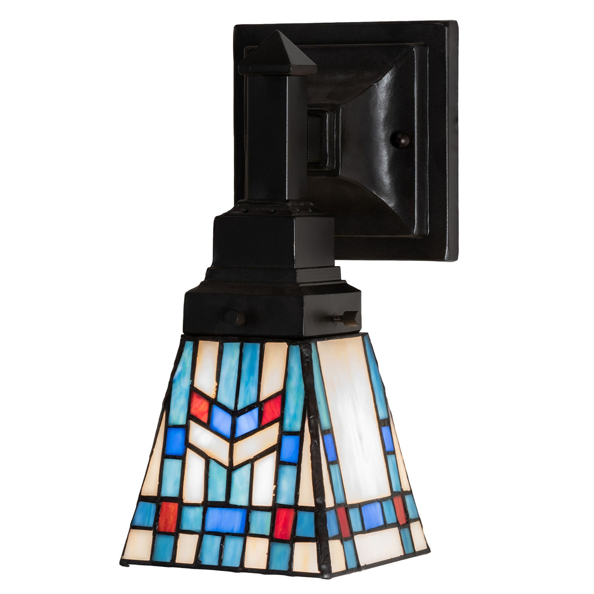 Front view of the wall sconce featuring geometric stained glass in blue, green, and burgundy.