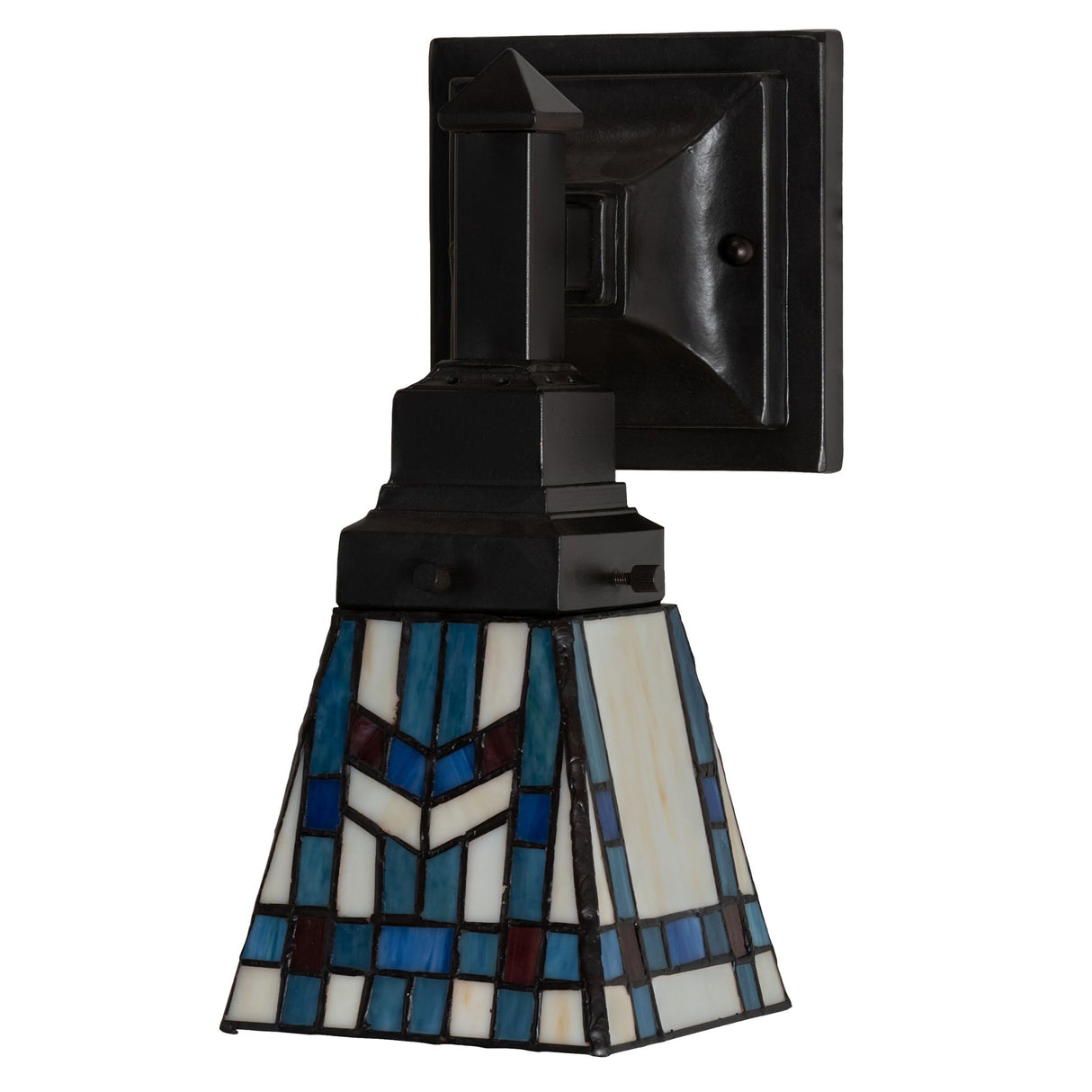 Unlit view of the wall sconce showcasing its detailed stained glass and metalwork.