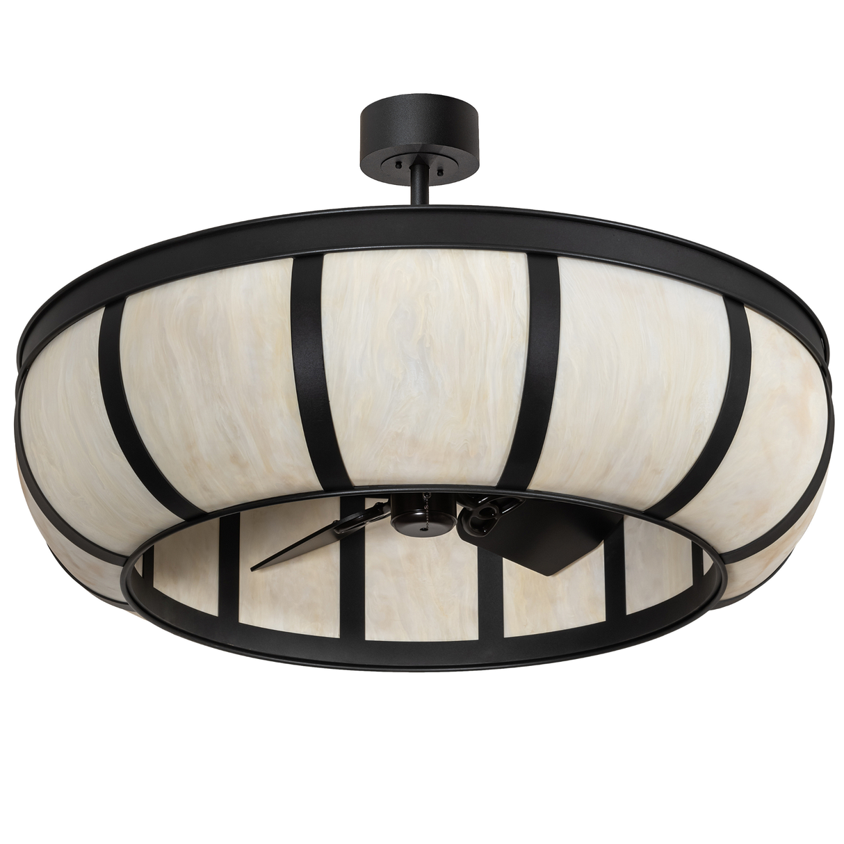 Unlit angled view showing soft marbled Idalight shade and black frame.