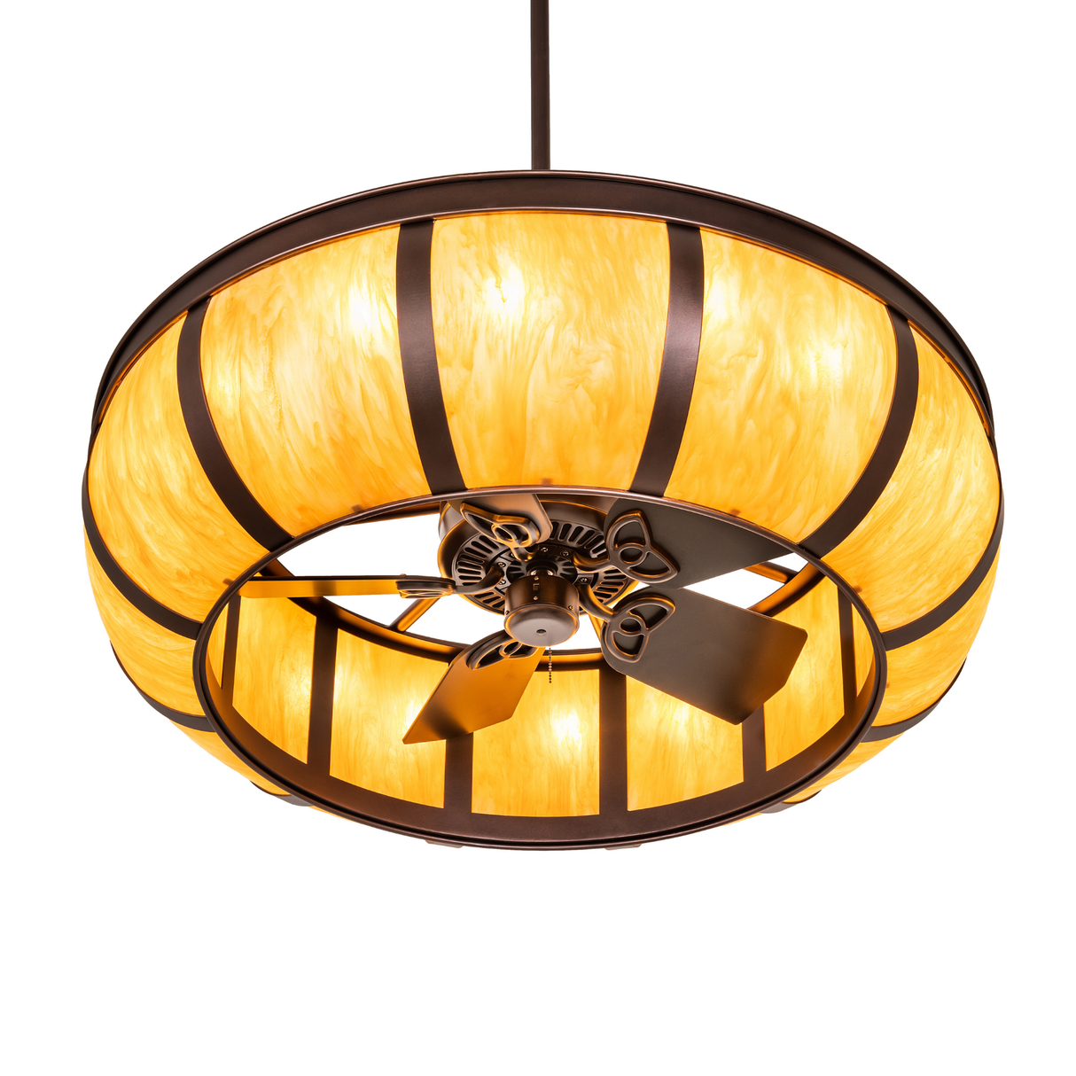 Bottom angle view of Prime Dome chandelier fan highlighting blades and lighting.