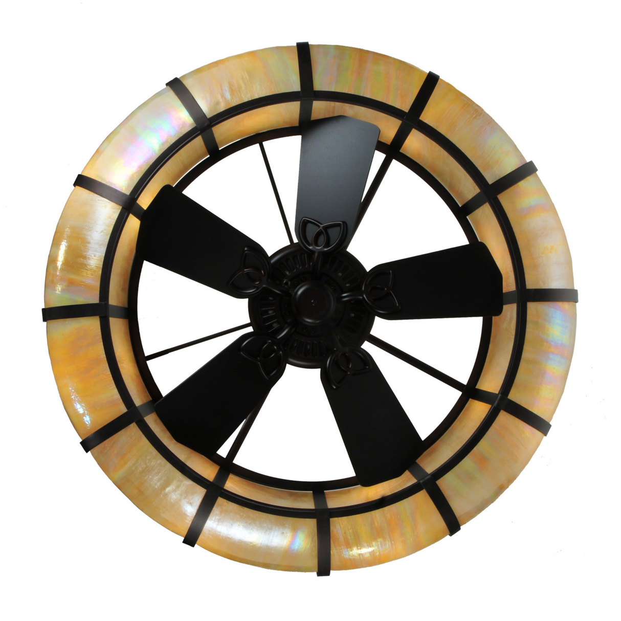 Bottom lit view highlighting integrated fan and radiant Botticino glass.