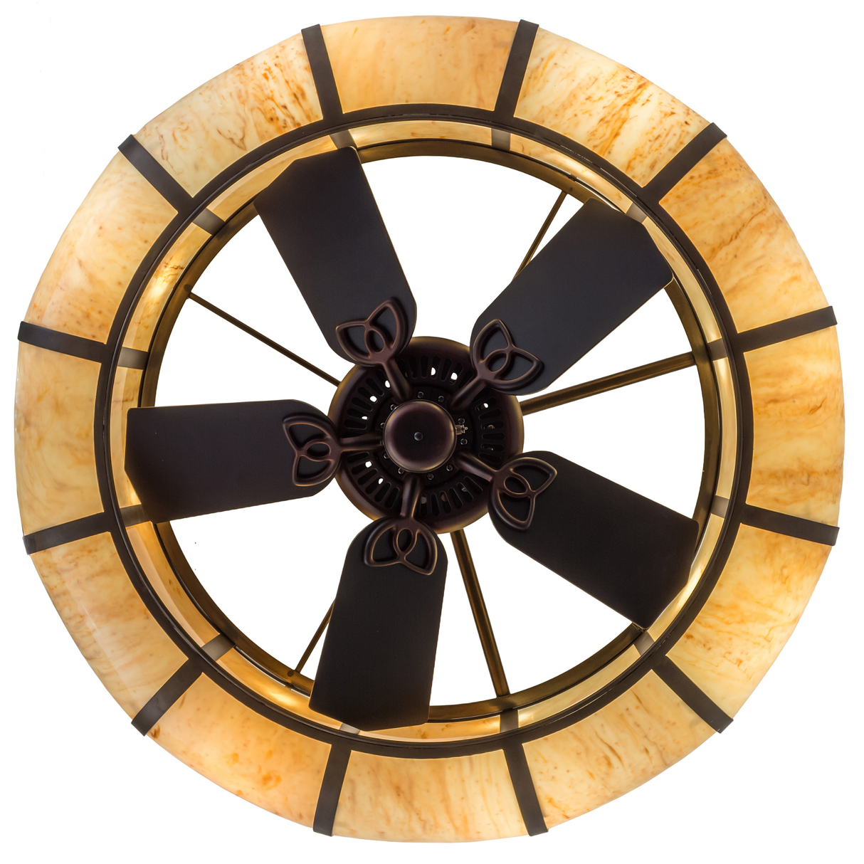 Bottom lit view displaying symmetrical fan and circular light diffusion.