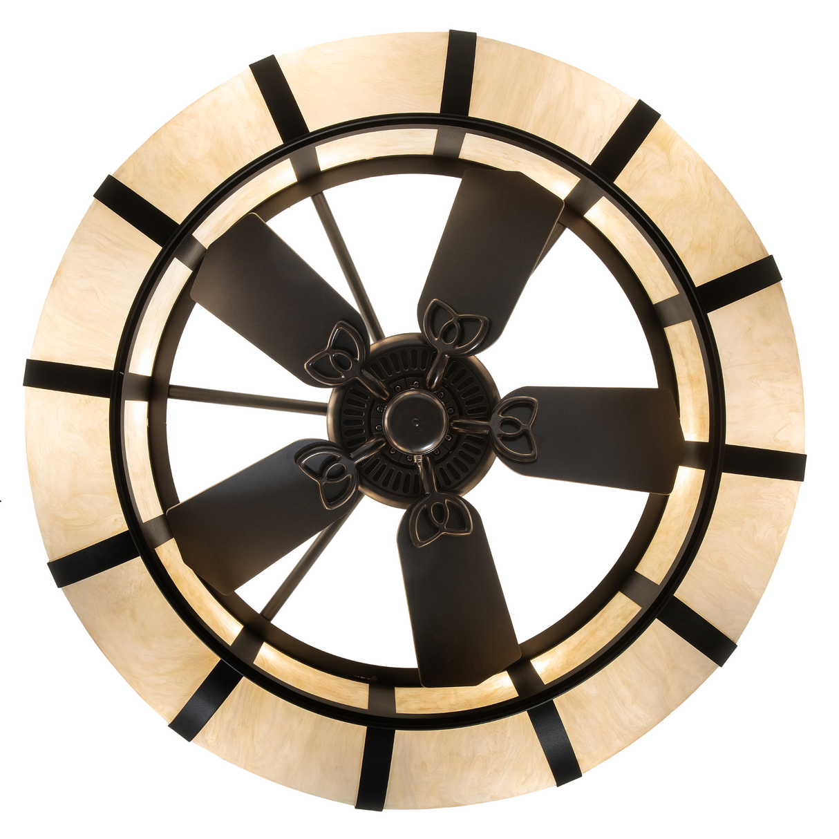 Bottom view showing fan blades framed by softly glowing dome light.
