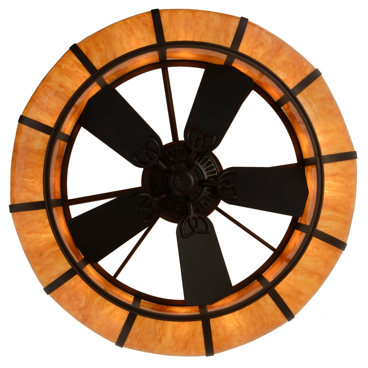 Bottom lit view highlighting fan blades and glowing amber diffuser.
