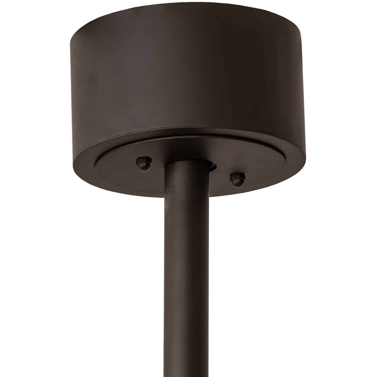 Close-up of ceiling mount and support rod in bronze finish.