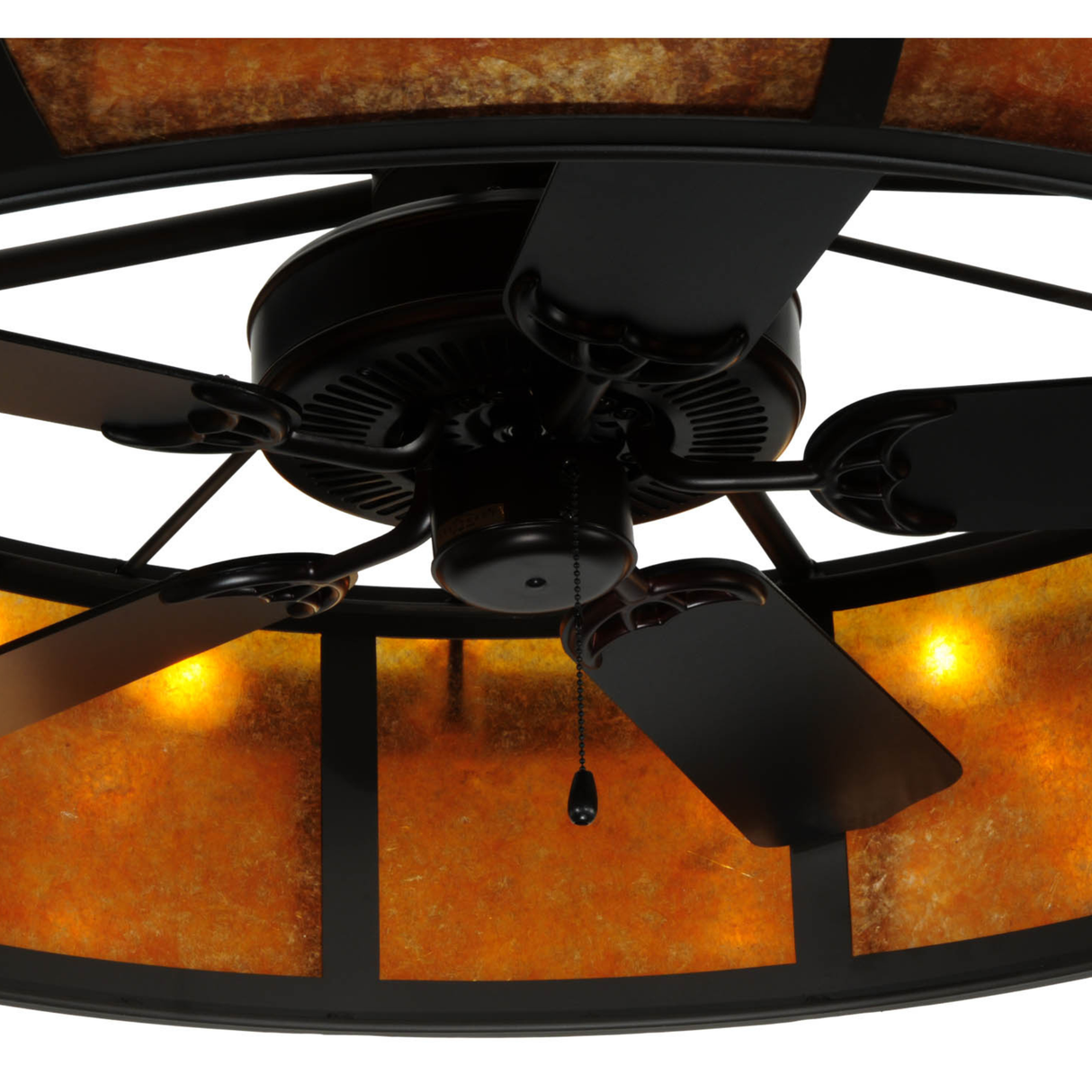 Close-up of fan blades and amber mica panels.