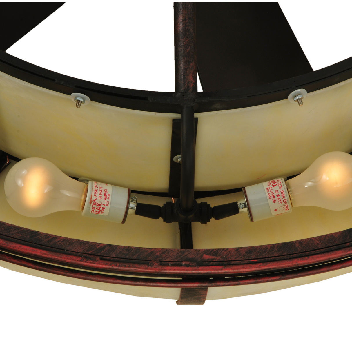 Close-up of light sockets and wiring inside Prime Dome Chandel-Air.