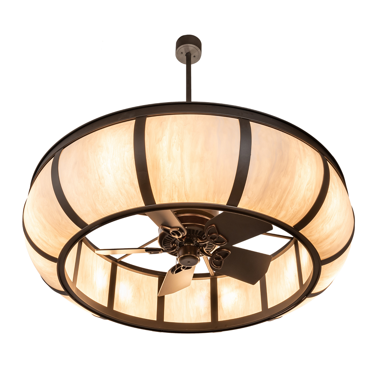 Bottom angle of lit Prime Dome Chandel-Air showing integrated fan design.