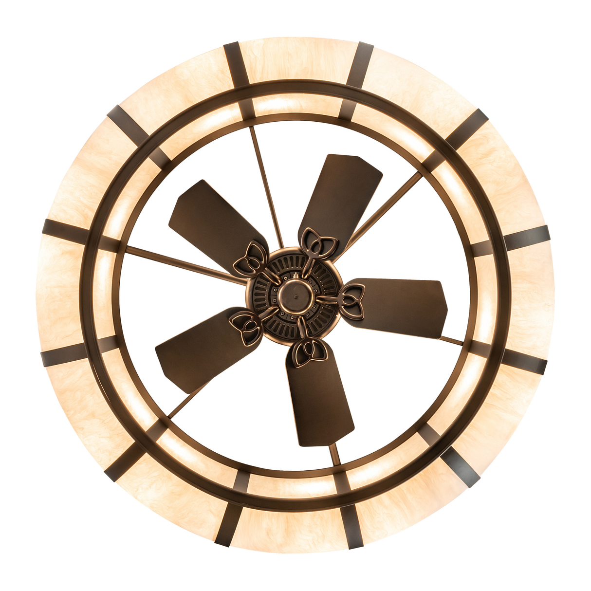 Bottom view of Prime Dome Chandel-Air showing fan blades and inner lights.